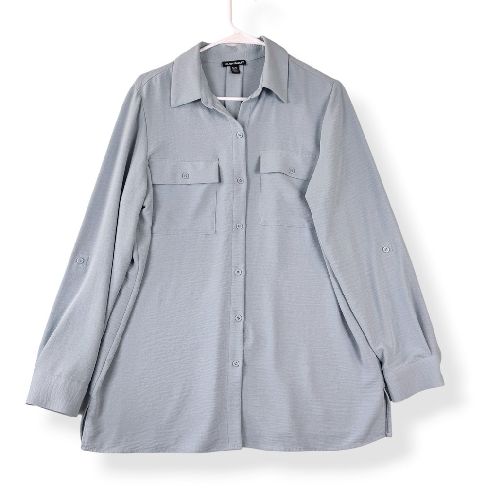 Hilary Radley Womens Blue Roll Tab Sleeve Button Down Blouse Top M CU10412-223